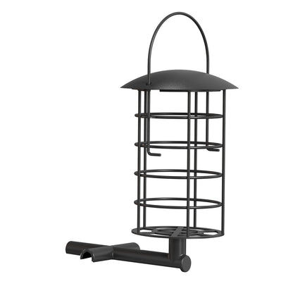 Schwarzer metallener zylindrischer Meisenknödel- und Fettfutterhalter mit gewölbtem Dach, Aufhängeschlaufe und seitlicher Sitzstange