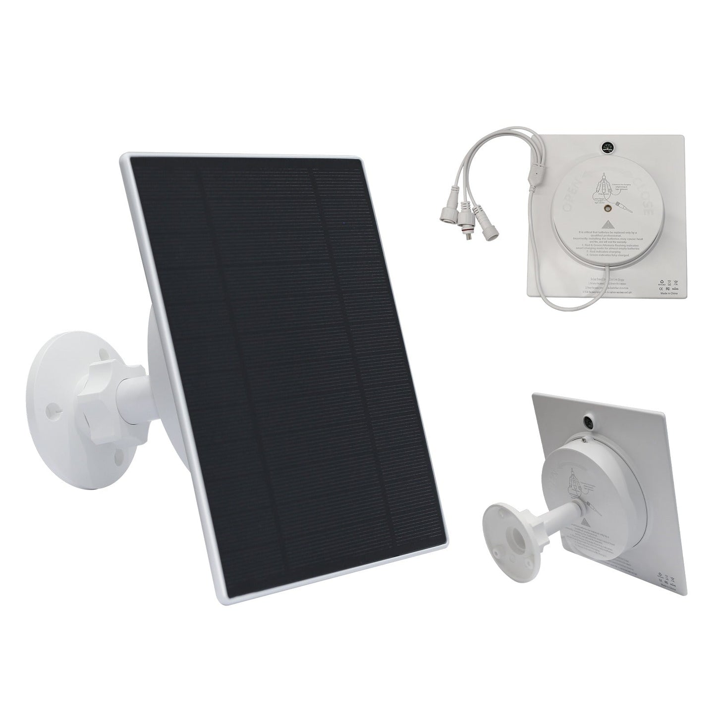 Solarmodul mit weißer Wandhalterung und Anschlussdose mit Kabeln, Zubehör für Vogelhaus-Kamera