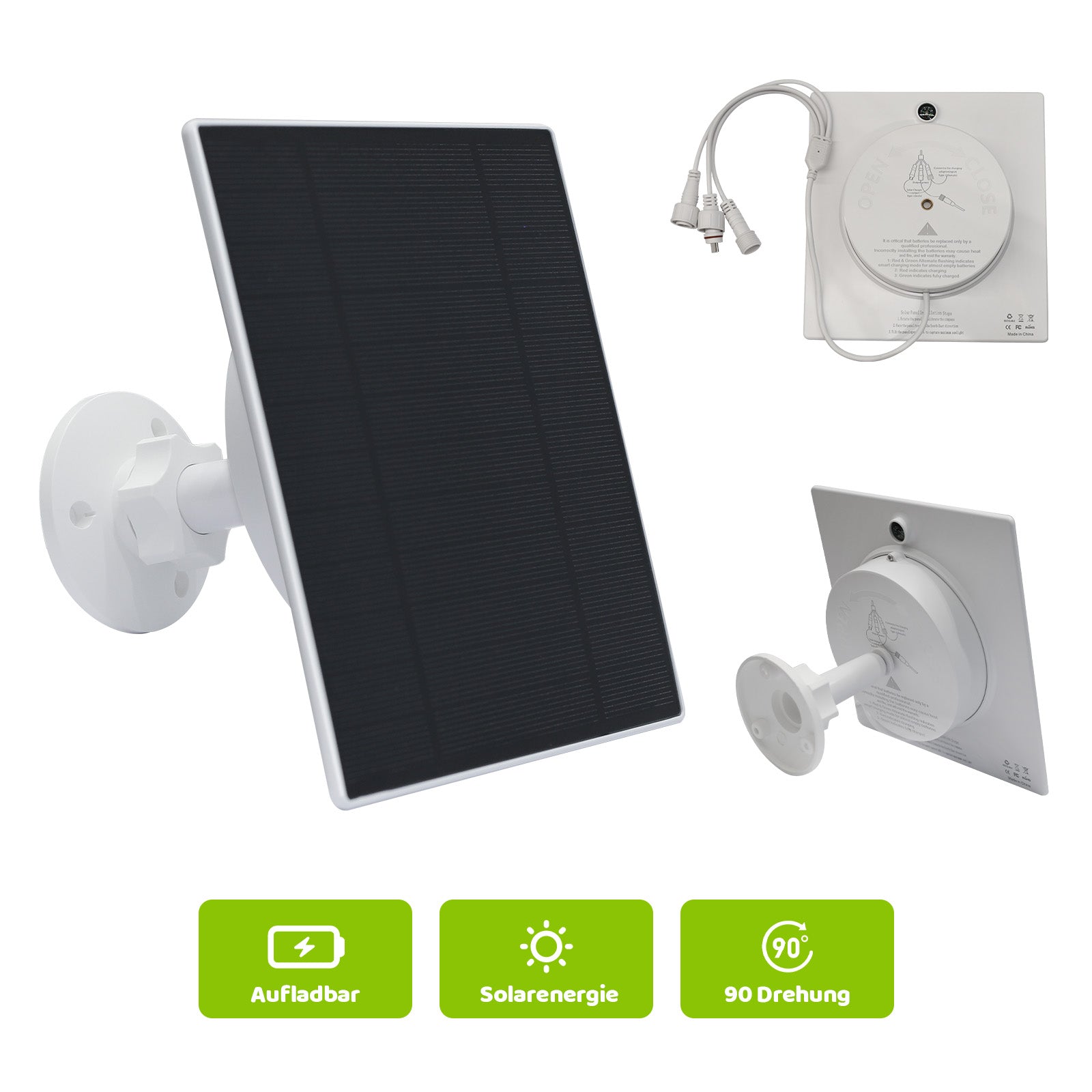 Solarpanel mit verstellbarer weißer Wandhalterung, Anschlusskabel und Montageplatte